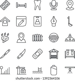 Thin Line Icon Set - brainstorm vector, fence, garden knife, blood test vial, pills blister, scalpel, patch, hospital bed, tooth, pin, warehouse storage, microphone, notes, place tag, battery, pool