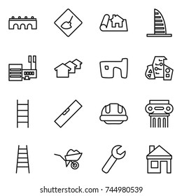 thin line icon set : bridge, under construction, project, skyscraper, mall, houses, slum, modern architecture, stairs, level, building helmet, antique column, wheelbarrow, wrench, house