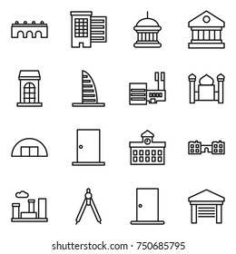 thin line icon set : bridge, houses, goverment house, library, building, skyscraper, mall, minaret, hangare, door, university, school, city, drawing compasses, garage
