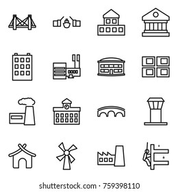 Thin line icon set : bridge, drawbridge, cottage, library, building, mall, airport, panel house, factory, university, tower, bungalow, windmill, skyscrapers cleaning