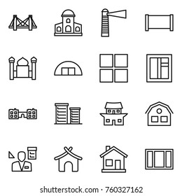 Thin line icon set : bridge, mansion, lighthouse, fence, minaret, hangare, window, school, district, japanese house, architector, bungalow, home