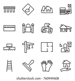 Thin line icon set : bridge, under construction, project, mall, bunker, minaret, modern architecture, house with garage, block wall, tower crane, plan, architector, stairs, scraper, gloves, housing