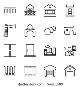 Thin line icon set : bridge, cottage, library, building, lighthouse, minaret, houses, slum, window, door, city, architector, fence, garage, barn