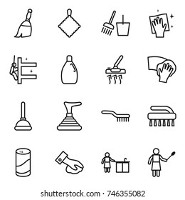 thin line icon set : broom, rag, bucket and, wiping, skyscrapers cleaning, cleanser, vacuum cleaner, plunger, brush, powder, kitchen, woman with duster