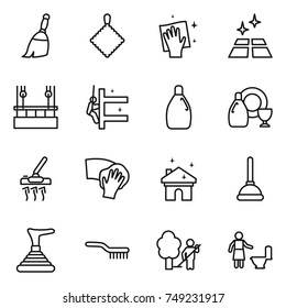 thin line icon set : broom, rag, wiping, clean floor, skysrcapers cleaning, skyscrapers, cleanser, dish, vacuum cleaner, house, plunger, brush, garden, toilet