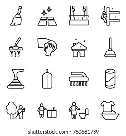 thin line icon set : broom, clean floor, skysrcapers cleaning, skyscrapers, vacuum cleaner, wiping, house, plunger, dry wash, brush, cleanser powder, garden, kitchen, toilet, handle washing