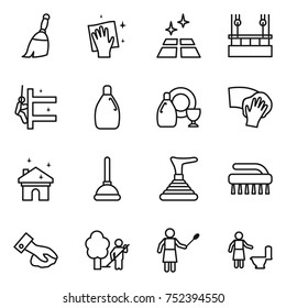 thin line icon set : broom, wiping, clean floor, skysrcapers cleaning, skyscrapers, cleanser, dish, house, plunger, brush, garden, woman with duster, toilet
