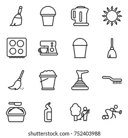 thin line icon set : broom, bucket, kettle, gas oven, hob, coffee maker, foam, plunger, brush, washing powder, toilet cleanser, garden cleaning, vacuum cleaner