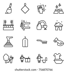 Thin line icon set : broom, rag, wiping, clean floor, skysrcapers cleaning, skyscrapers, dish cleanser, house, plunger, dry wash, brush, garden, kitchen, toilet, handle washing
