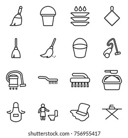 Thin line icon set : broom, bucket, plate washing, rag, vacuum cleaner, brush, powder, apron, toilet cleaning, floor, iron board