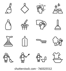 Thin line icon set : broom, rag, wiping, clean floor, cleanser, vacuum cleaner, plunger, dry wash, brush, garden cleaning, brooming, woman with duster, toilet, handle washing