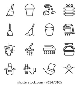 Thin line icon set : broom, bucket, vacuum cleaner, plate washing, wiping, brush, powder, apron, toilet cleaning, floor, iron board