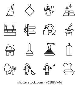 Thin line icon set : broom, rag, wiping, clean floor, skysrcapers cleaning, skyscrapers, dish cleanser, vacuum cleaner, house, plunger, dry wash, garden, brooming, woman with duster, handle washing