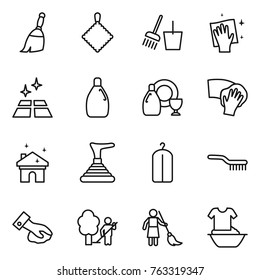 Thin line icon set : broom, rag, bucket and, wiping, clean floor, cleanser, dish, house cleaning, plunger, dry wash, brush, garden, brooming, handle washing