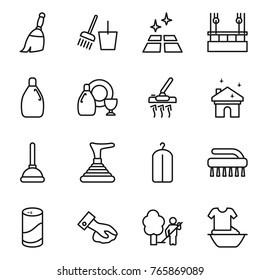 Thin line icon set : broom, bucket and, clean floor, skysrcapers cleaning, cleanser, dish, vacuum cleaner, house, plunger, dry wash, brush, powder, wiping, garden, handle washing