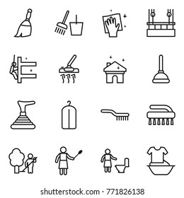 Thin line icon set : broom, bucket and, wiping, skysrcapers cleaning, skyscrapers, vacuum cleaner, house, plunger, dry wash, brush, garden, woman with duster, toilet, handle washing