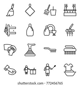 Thin line icon set : broom, rag, bucket and, skysrcapers cleaning, skyscrapers, cleanser, dish, vacuum cleaner, wiping, plunger, brush, kitchen, woman with duster, handle washing