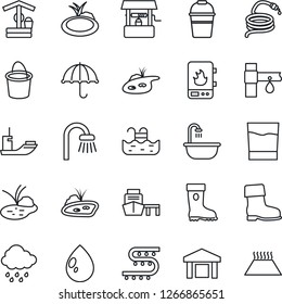 Thin Line Icon Set - bucket vector, boot, water drop, rain, well, hose, pond, drip irrigation, sea shipping, port, umbrella, warehouse, pool, bathroom, drink, heater, warm floor