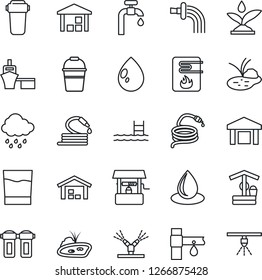 Thin Line Icon Set - bucket vector, watering, water drop, rain, well, hose, pond, drip irrigation, sea port, warehouse, pool, supply, drink, heater, filter, sprinkler