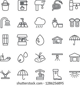 Thin Line Icon Set - bucket vector, boot, water drop, rain, well, hose, pond, drip irrigation, sea shipping, port, umbrella, warehouse, supply, bathroom, drink, heater, filter, warm floor, sprinkler