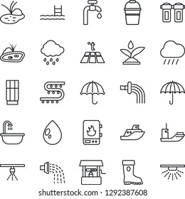 Thin Line Icon Set - bucket vector, watering, boot, water drop, rain, well, pond, drip irrigation, sea shipping, umbrella, pool, supply, bathroom, drink, heater, filter, warm floor, sprinkler