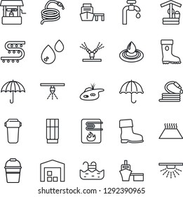 Thin Line Icon Set - bucket vector, boot, well, hose, drip irrigation, sea port, umbrella, pond, pool, water supply, warehouse, drink, heater, filter, warm floor, sprinkler