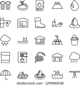 Thin Line Icon Set - bucket vector, boot, water drop, rain, hose, pond, drip irrigation, sea shipping, umbrella, warehouse, pool, drink, heater, filter, warm floor, sprinkler