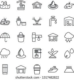 Thin Line Icon Set - bucket vector, water drop, rain, well, drip irrigation, sea shipping, port, umbrella, warehouse, pond, pool, supply, drink, heater, warm floor