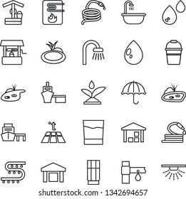 Thin Line Icon Set - bucket vector, water drop, well, hose, pond, drip irrigation, sea port, umbrella, warehouse, bathroom, drink, heater, warm floor, sprinkler