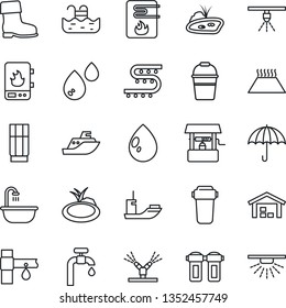 Thin Line Icon Set - bucket vector, boot, water drop, well, pond, drip irrigation, sea shipping, umbrella, pool, supply, warehouse, bathroom, drink, heater, filter, warm floor, sprinkler