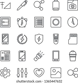 Thin Line Icon Set - bucket vector, heart, settings, remote control, cell phone, share, low battery, mobile, gallery, protect, clock, alarm, record, scanner, sd, torch, photo, cellular signal, pen