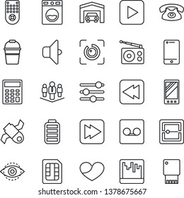 Thin Line Icon Set - bucket vector, satellite, radio, remote control, cell phone, heart, battery, play button, fast forward, rewind, mobile, tuning, record, scanner, sim, eye id, calculator, company