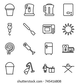 thin line icon set : bucket, kettle, kitchen scales, handle, spatula, grill oven, gas, elecric, blender, fridge, food processor, vacuum cleaner, cleaning, iron board