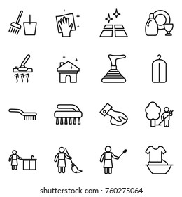 Thin line icon set : bucket and broom, wiping, clean floor, dish cleanser, vacuum cleaner, house cleaning, plunger, dry wash, brush, garden, kitchen, brooming, woman with duster, handle washing