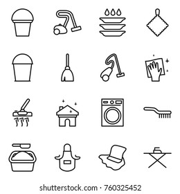 Thin line icon set : bucket, vacuum cleaner, plate washing, rag, broom, wiping, house cleaning, machine, brush, powder, apron, floor, iron board
