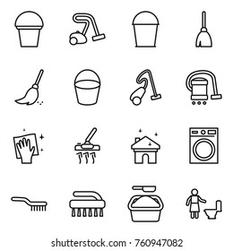 Thin line icon set : bucket, vacuum cleaner, broom, wiping, house cleaning, washing machine, brush, powder, toilet