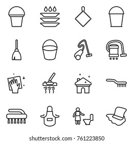 Thin line icon set : bucket, plate washing, rag, broom, vacuum cleaner, wiping, house cleaning, brush, apron, toilet, floor