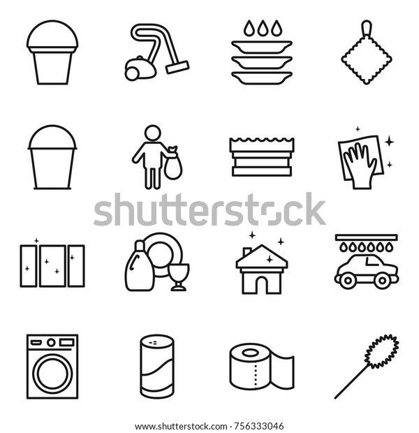 Thin line\
icon set : bucket, vacuum cleaner, plate washing, rag, trash,\
sponge, wiping, clean window, dish cleanser, house cleaning, car\
wash, machine, powder, toilet paper,\
duster