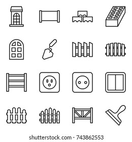 thin line icon set : building, fence, block wall, brick, arch window, construction, rack, power socket, switch, farm, scraper