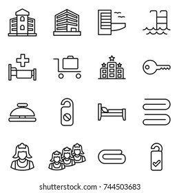 thin line icon set : building, office, hotel, pool, hospital, baggage trolley, key, service bell, do not distrub, bed, towel, cleaner, outsource, please clean