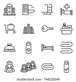 thin line icon set : building, hotel, pool, hospital, baggage trolley, key, reception, service bell, do not distrub, bed, towel, cleaner, outsource, please clean