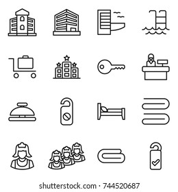 thin line icon set : building, office, hotel, pool, baggage trolley, key, reception, service bell, do not distrub, bed, towel, cleaner, outsource, please clean