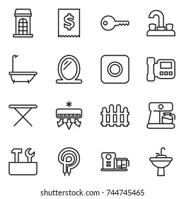 thin line icon set : building, tax, key, water tap, bath, mirror, ring button, intercome, iron board, air conditioning, fence, coffee maker, repair tools, elecric oven, food processor, sink
