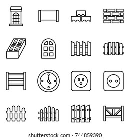 thin line icon set : building, fence, block wall, brick, arch window, rack, watch, power socket, farm