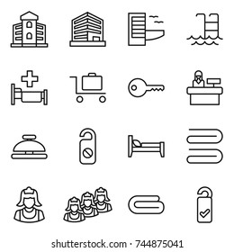 thin line icon set : building, office, hotel, pool, hospital, baggage trolley, key, reception, service bell, do not distrub, bed, towel, cleaner, outsource, please clean