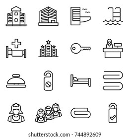 thin line icon set : building, office, hotel, pool, hospital, key, reception, service bell, do not distrub, bed, towel, cleaner, outsource, please clean