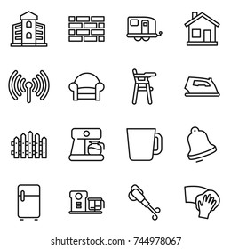thin line icon set : building, brick wall, trailer, home, wireless, armchair, Chair for babies, iron, fence, coffee maker, cup, bell, fridge, food processor, blower, wiping