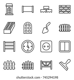 thin line icon set : building, fence, block wall, brick, arch window, construction, rack, watch, power socket, switch, farm, scraper