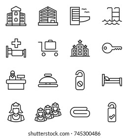 thin line icon set : building, office, hotel, pool, hospital, baggage trolley, key, reception, service bell, do not distrub, bed, cleaner, outsource, towel, please clean