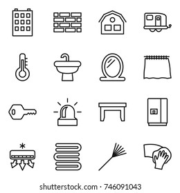 thin line icon set : building, brick wall, house, trailer, thermometer, sink, mirror, curtain, key, alarm, table, fridge, air conditioning, towels, rake, wiping